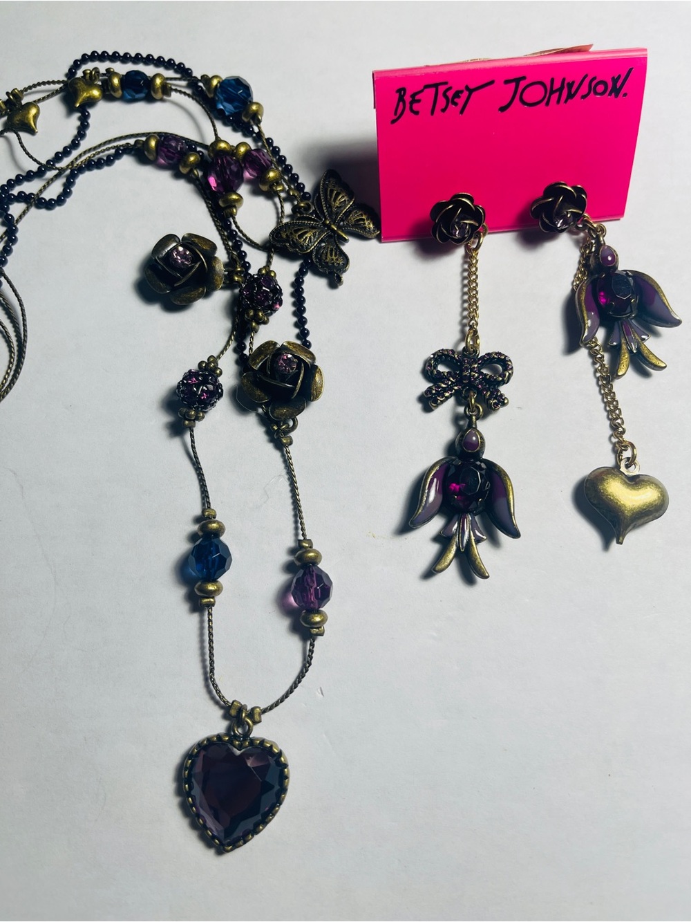 Betsey Johnson Purple Heart Pendant Necklace and Dangle Earrings Set